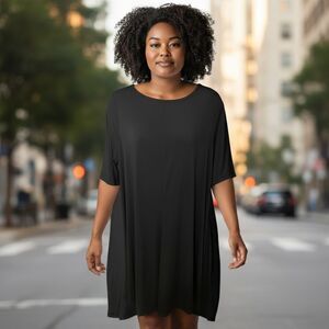 Roamans Black Shift Dress Plus Size 2X(26/28) 3/4-Sleeve Scoop-Neck Stretch